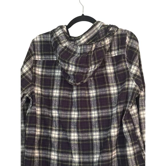 LL Bean Flannel Shirt Womens M Green Scotch Plaid Relaxed Fit Zip Hoodie Pockets - Picture 9 of 9